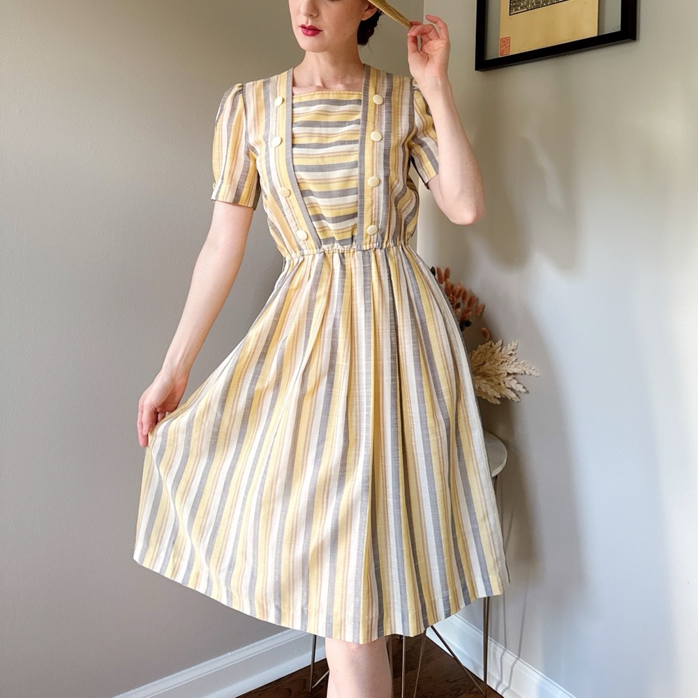 Vintage Striped Yellow and Gray Summer Dress